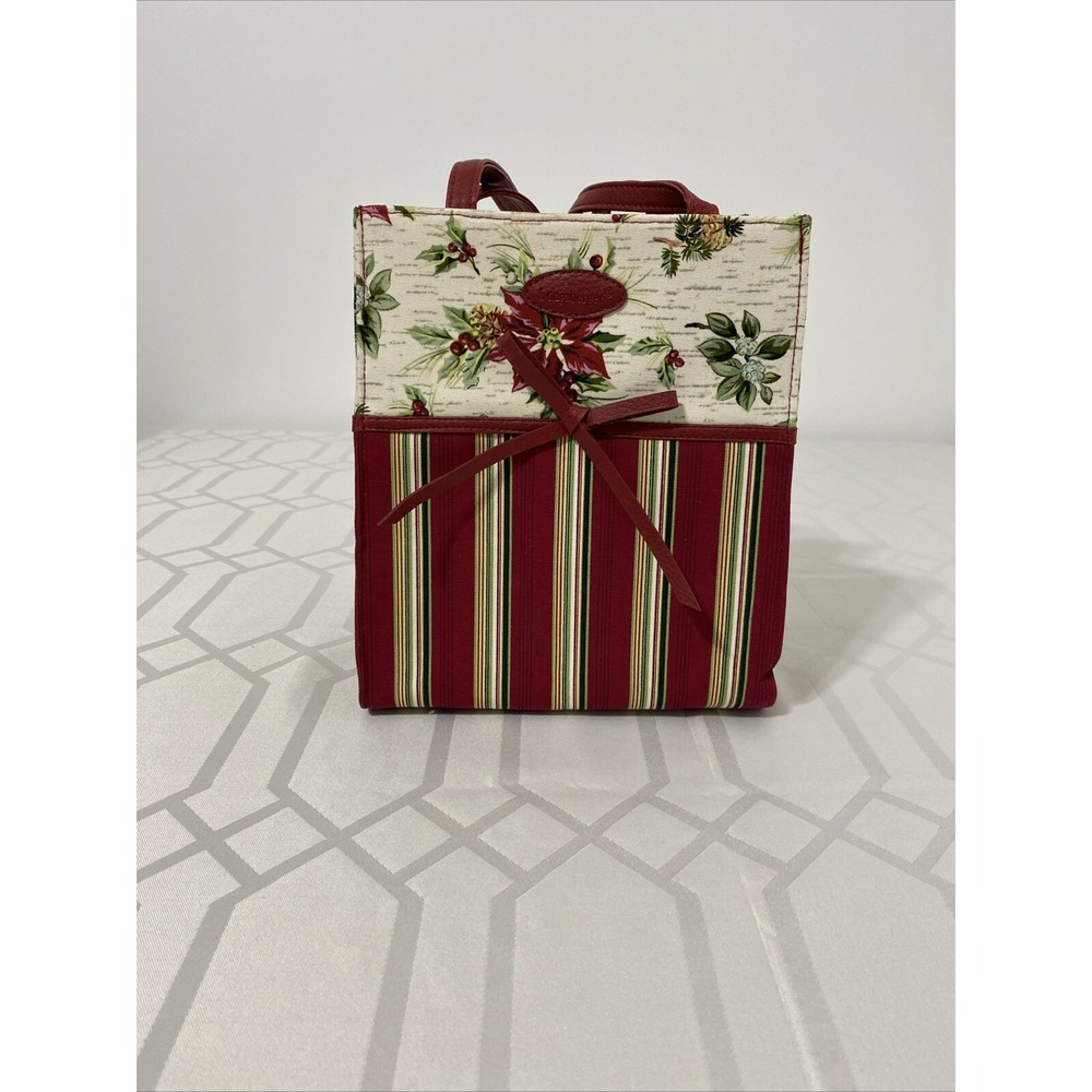 Stephanie Dawn Christmas Poinsettia Striped Quilted Tote Bag Red Green Holiday